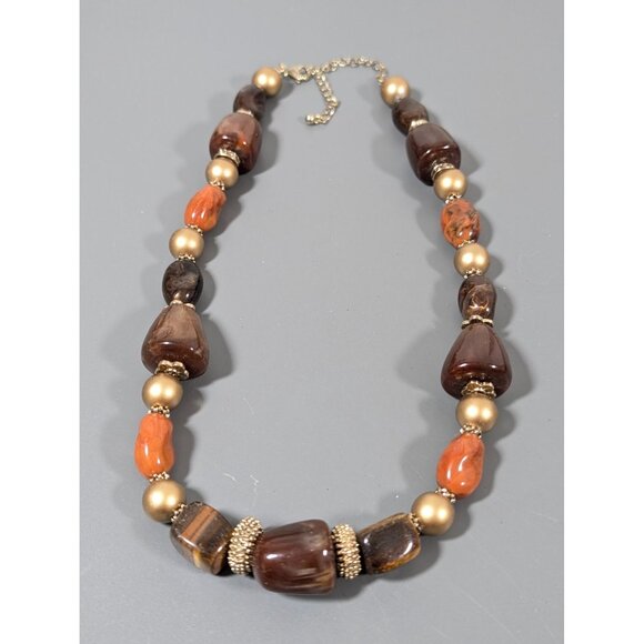 Brown Tigers Eye STone Bead Chunky Statement Necklace Gold Tone Matte 22" - Picture 2 of 8